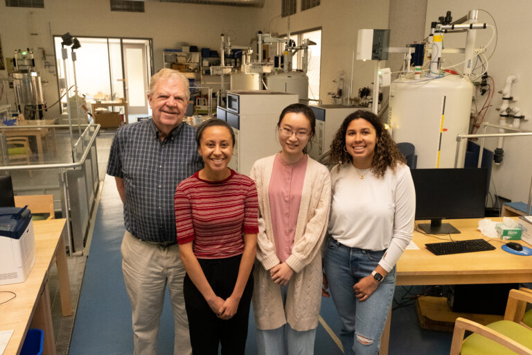 Angie Moncrieffe (far right) in the Groves Lab for her REU summer research with (l to r) John Groves, who holds the Hugh Stott Taylor Chair of Chemistry; Dali Davis and Wenxuan Li, graduate students in the Groves Lab.
