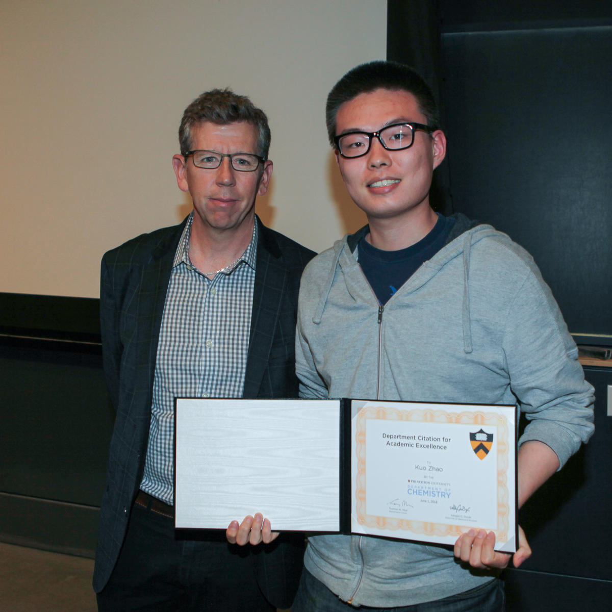 Tom Muir and Kuo Zhao (Knowles lab), recipient of the Department Citation for Academic Excellence.