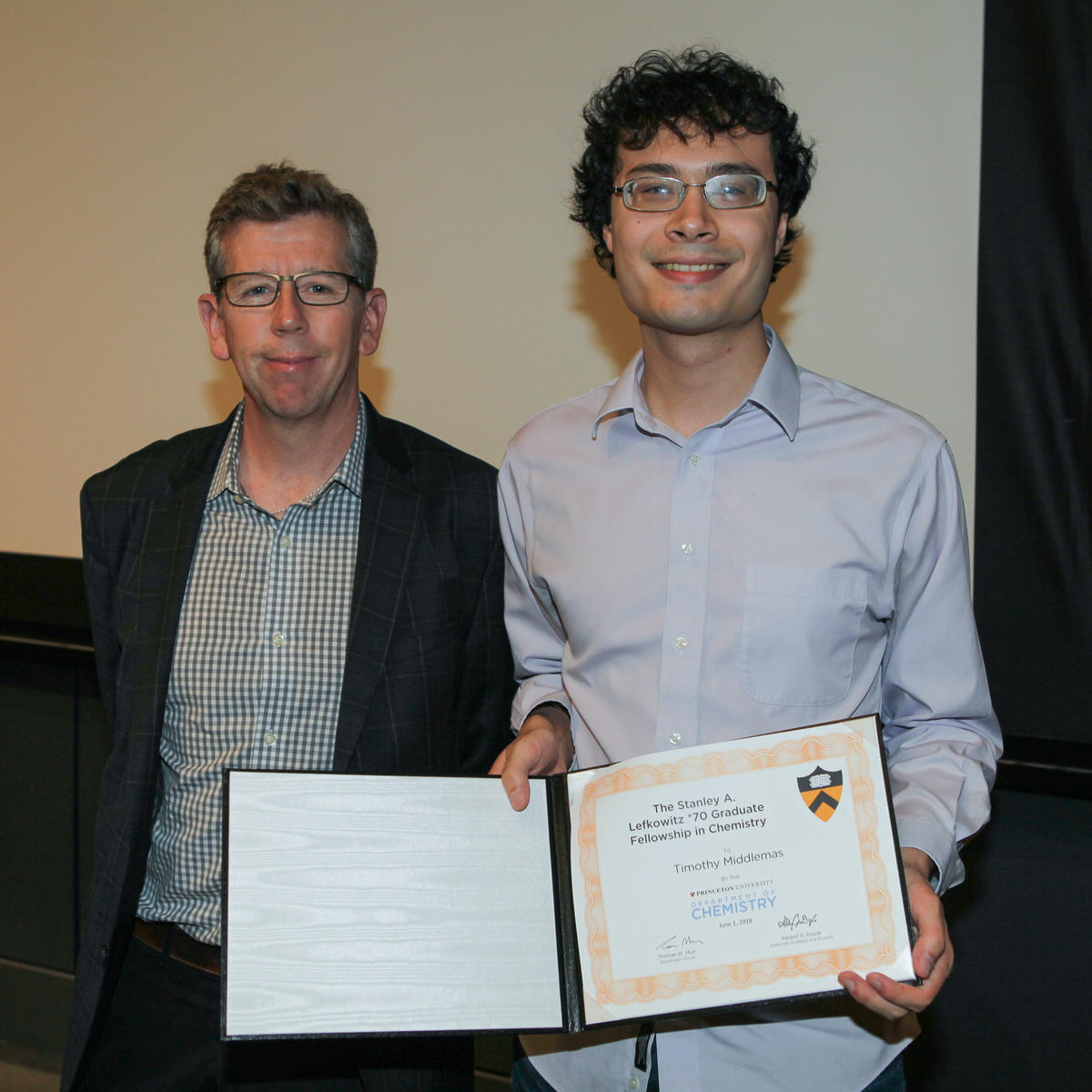 Tom Muir and Timothy Middlemas (Torquato lab), recipient of The Stanley A. Lefkowitz *70 Graduate Fellowship in Chemistry