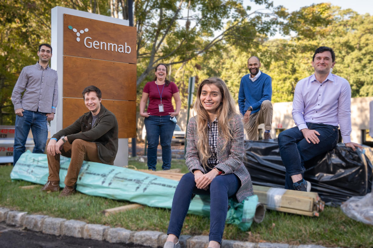 Princeton researchers and Genmab scientists held a jumpstart meeting in Plainsboro earlier this month: (l to r) Daniel Martin, Noah Bissonnette, Patricia Coutinho de Souza, Marie Zamanis, Angelo Harris, and Jacob Geri.