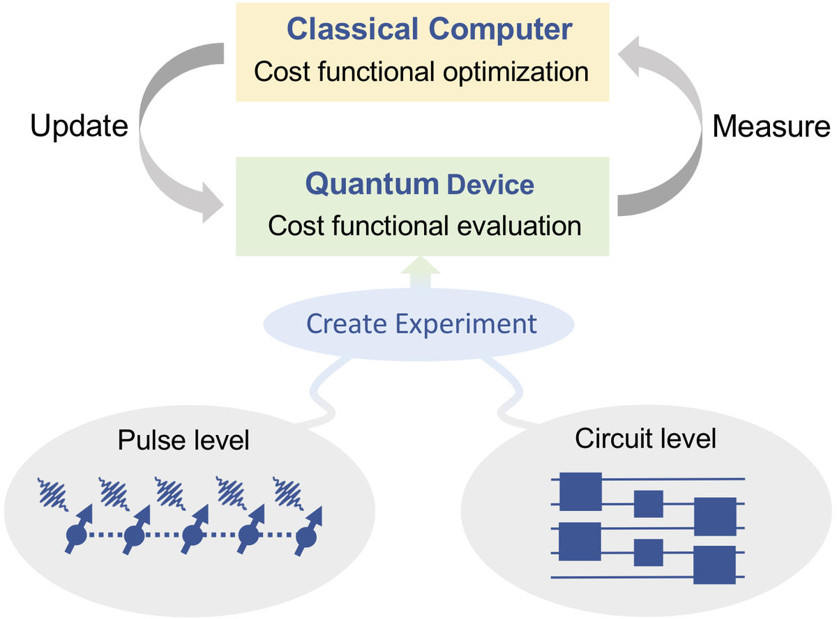The shared iterative framework used in VQAs and quantum optimal control experiments. In their recent Perspective, the authors explore how future developments in the area of VQAs may be informed by returning to a more physical, pulse-level description inspired by quantum optimal control theory.